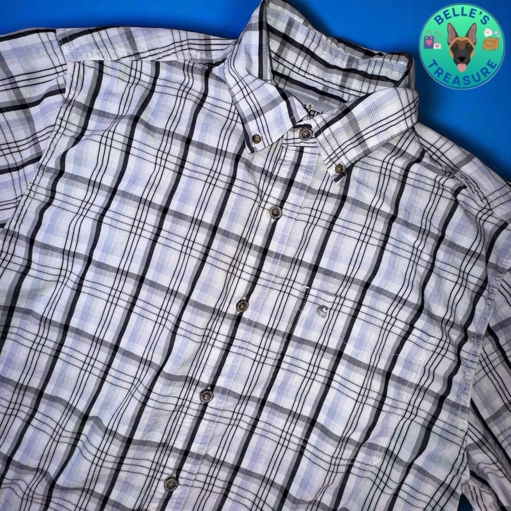 Carhartt Shirt Mens Medium White Blue Plaid Short Sleeve Button Down Down Logo